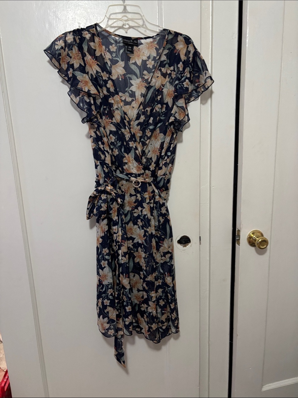 Alexa Blue Navy Floral Wrap Midi Dress with Tie Waist